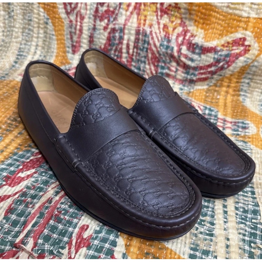 Gucci Loafers 466904 Woman’s Eu40 US10 Soft Leather Embossed Monogram Driving